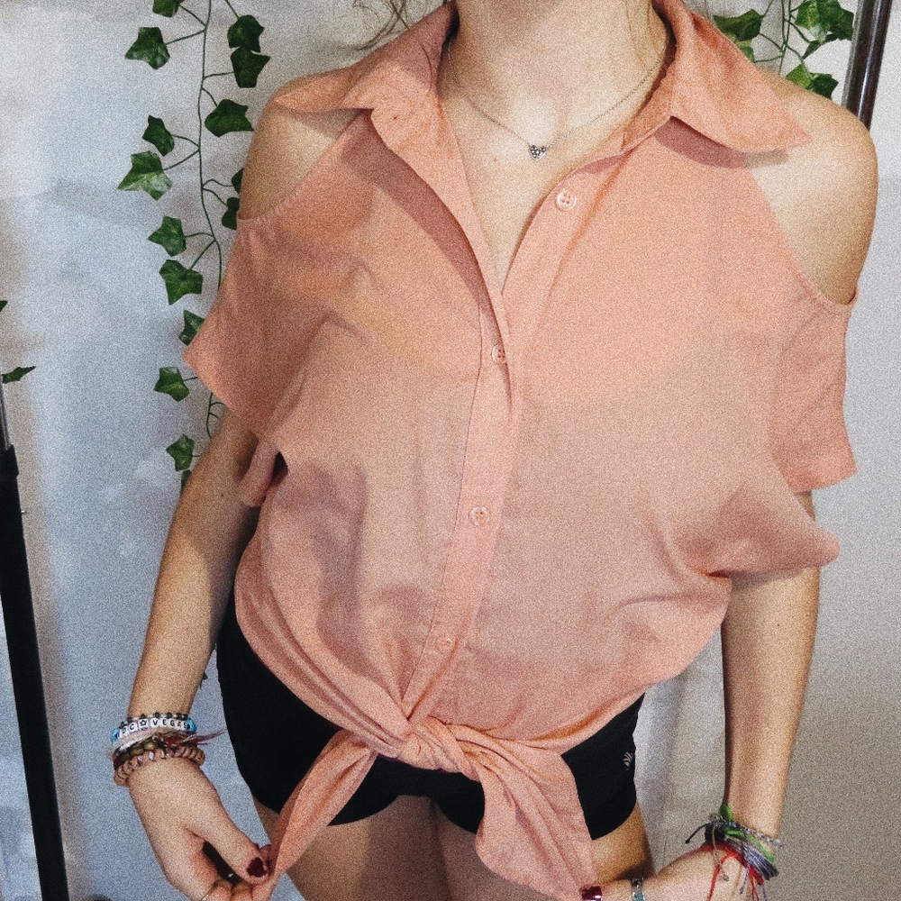 Peach Cold Shoulder Button Up